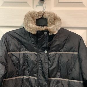 Platinum Utex Baffled Down Long Puffer Faux Fur Hood and Cuffs, Black Medium